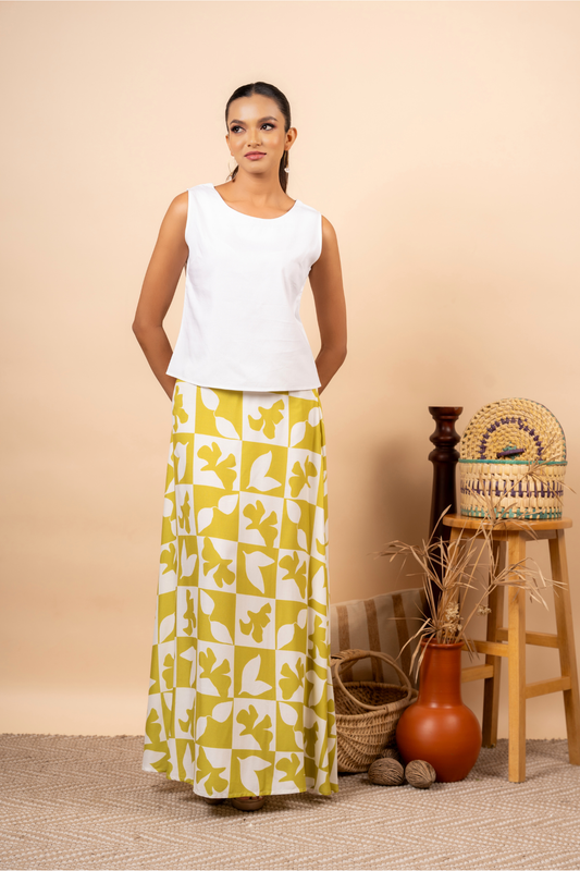 GREEN WHITE LEAVES WHITE LONG SKIRT