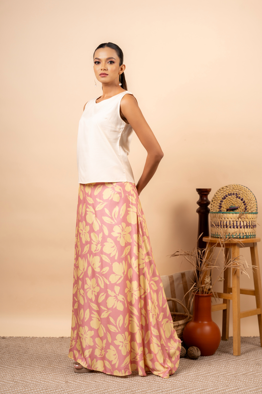 BEIGE FLORAL PINK LONG SKIRT