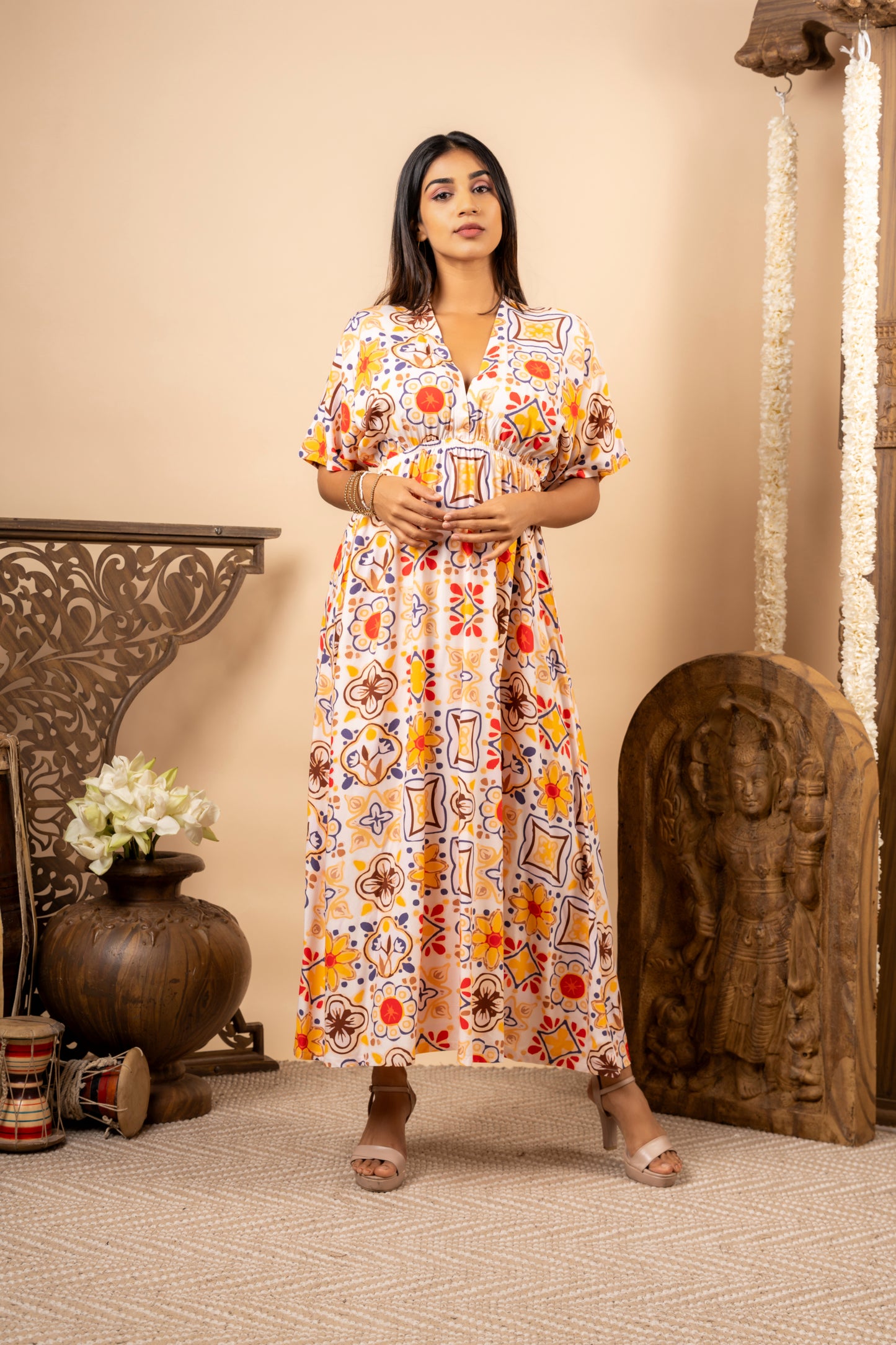 ORANGE RED MOTIF WHITE LONG DRESS