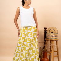 GREEN WHITE LEAVES WHITE LONG SKIRT