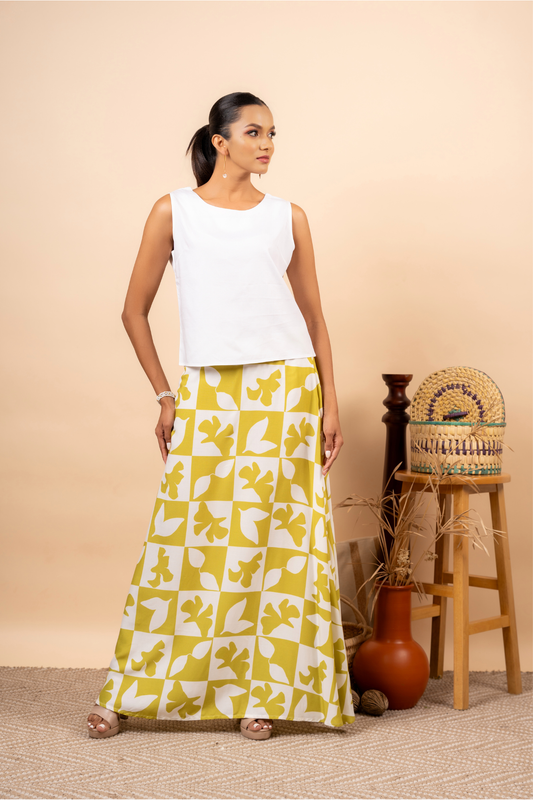 GREEN WHITE LEAVES WHITE LONG SKIRT