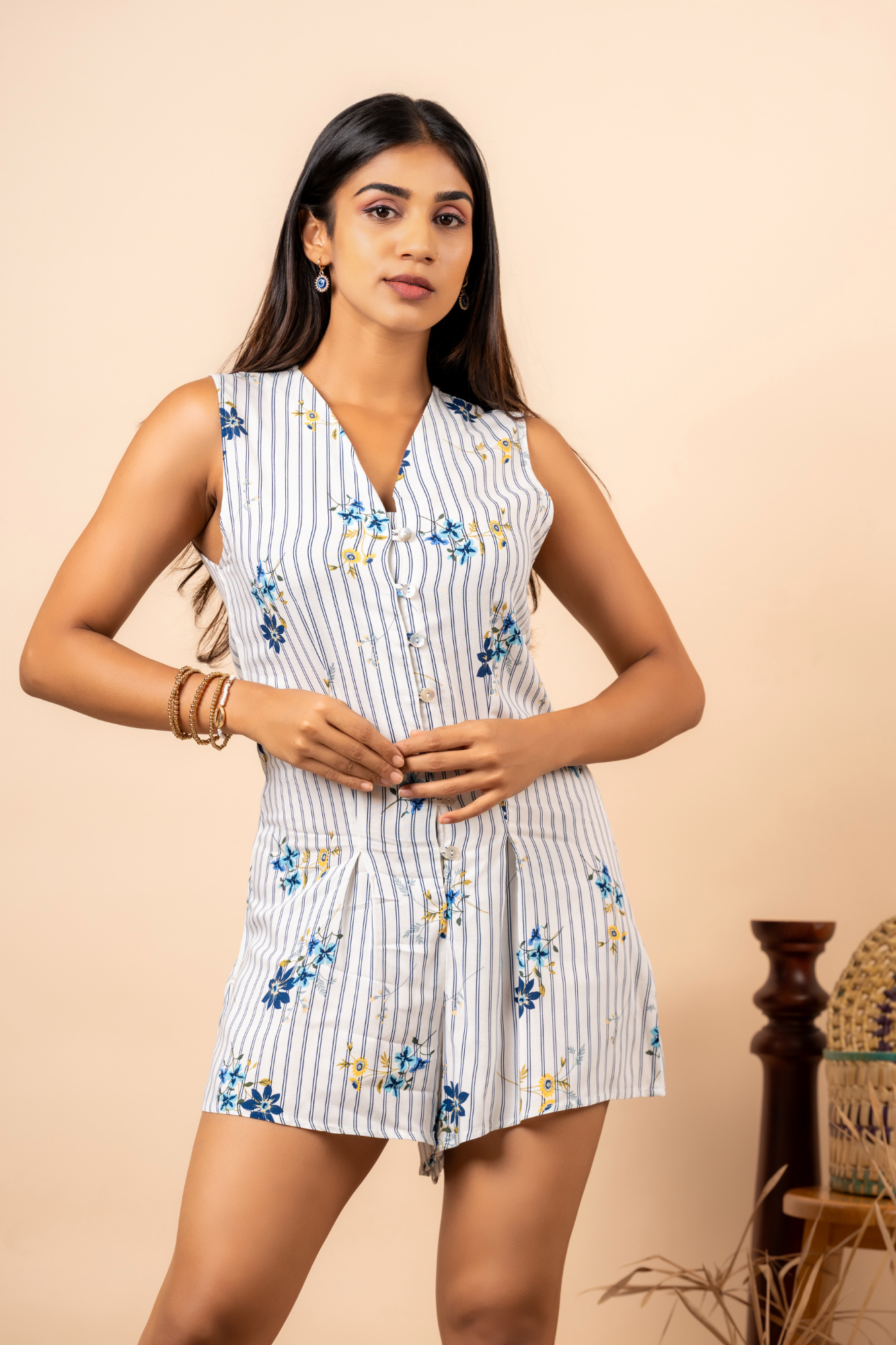 BLUE STRIPE FLORAL WHITE ROMPER