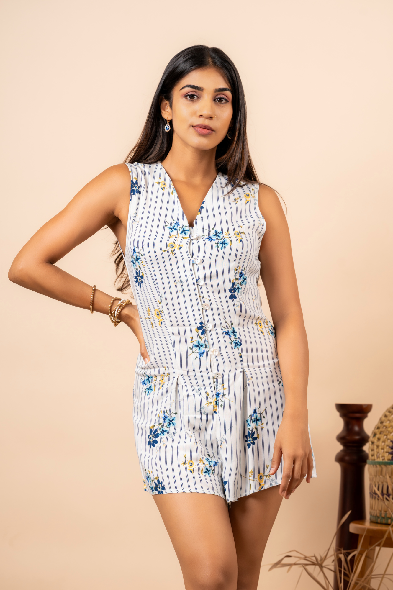 BLUE STRIPE FLORAL WHITE ROMPER