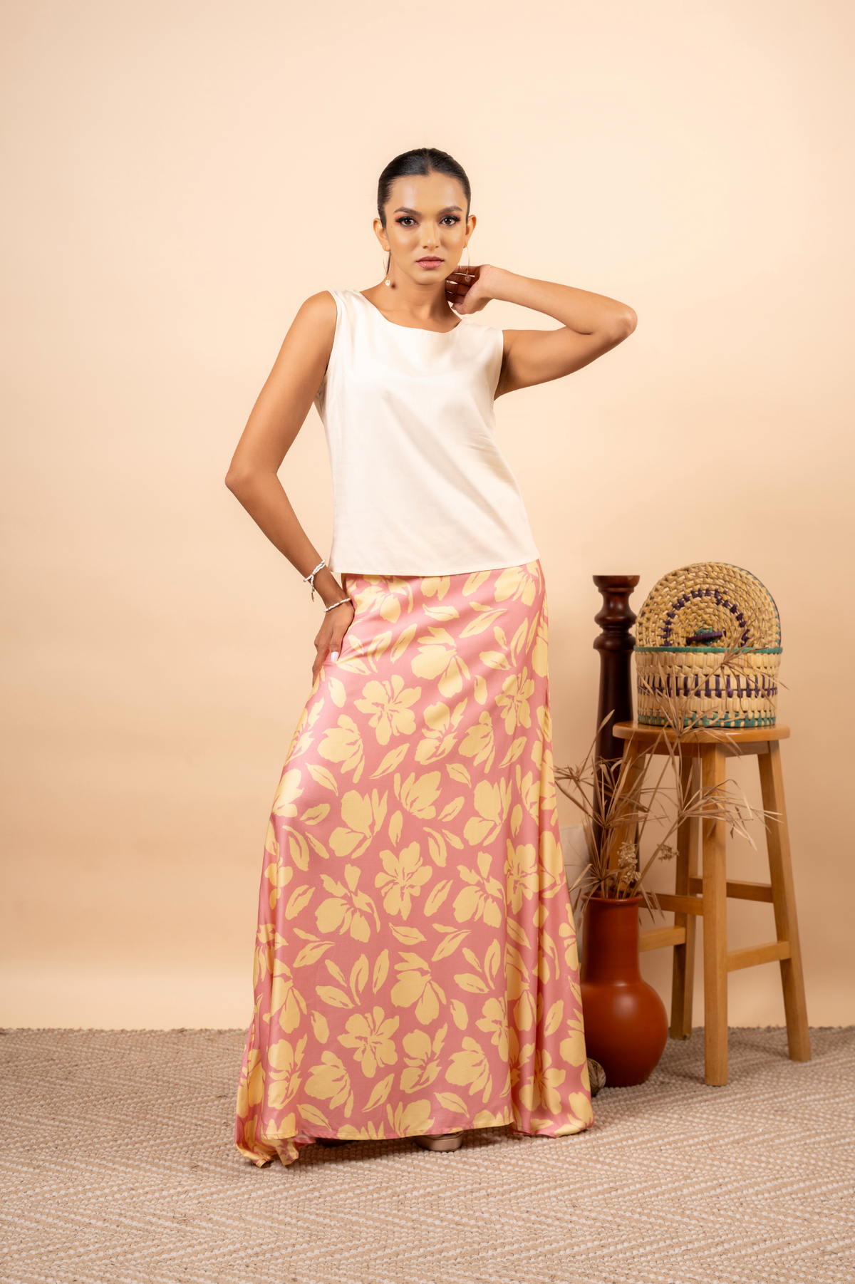 BEIGE FLORAL PINK LONG SKIRT