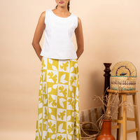 GREEN WHITE LEAVES WHITE LONG SKIRT