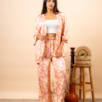 BEIGE LEAVES PINK CORD SET