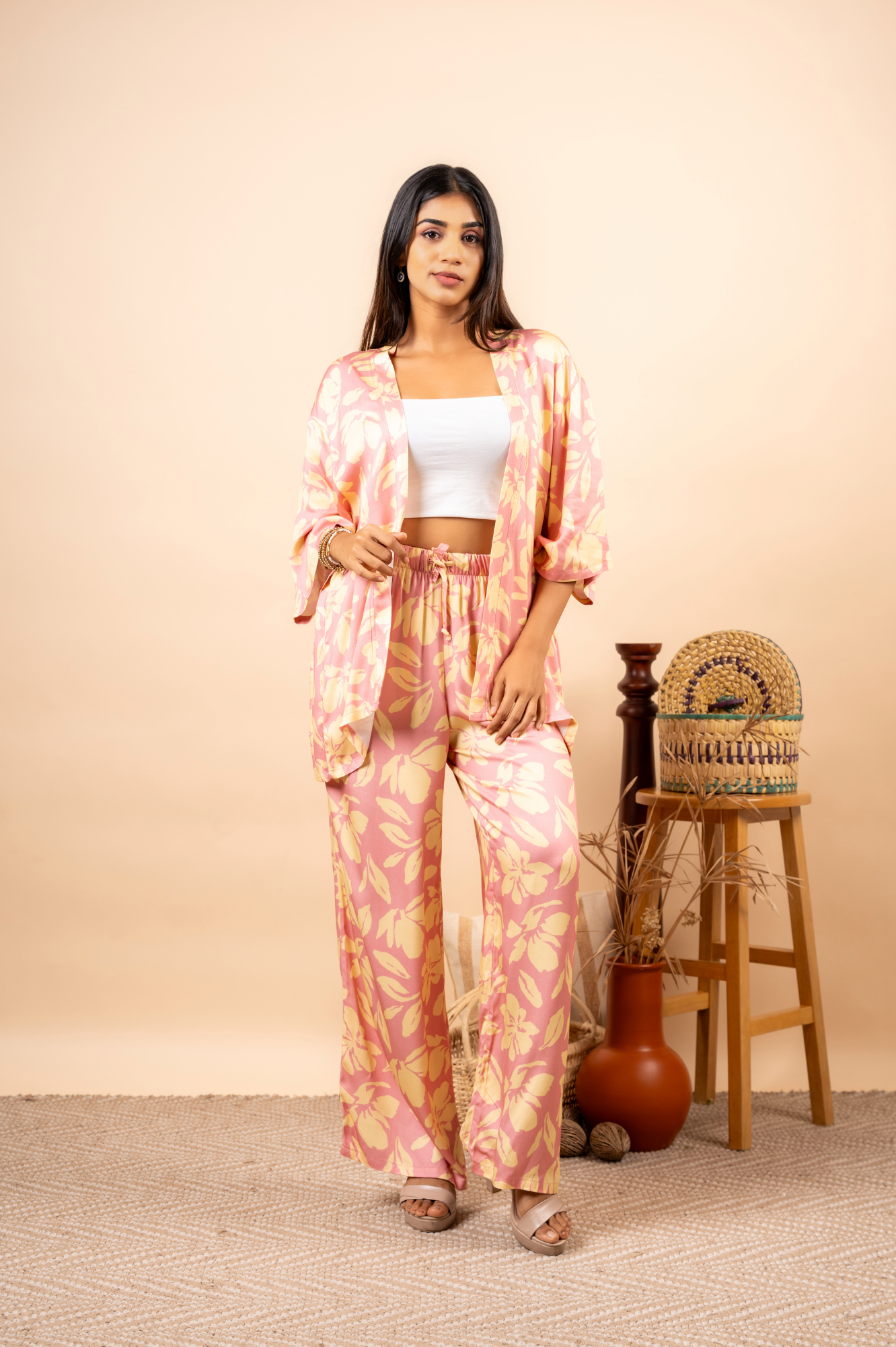 BEIGE LEAVES PINK CORD SET