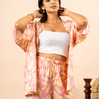 BEIGE LEAVES PINK CORD SET