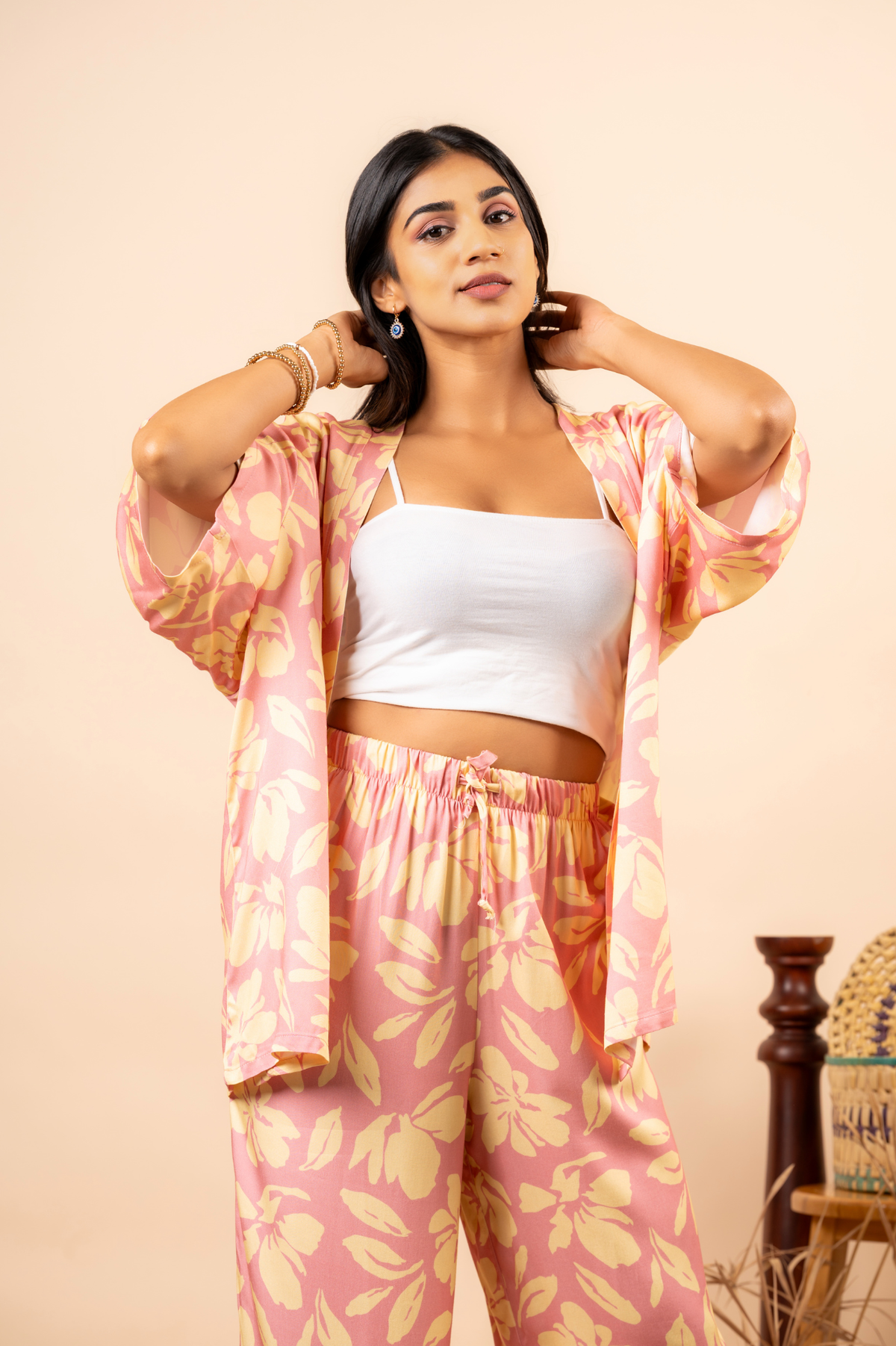 BEIGE LEAVES PINK CORD SET