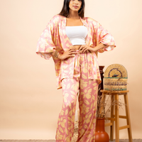 BEIGE LEAVES PINK CORD SET
