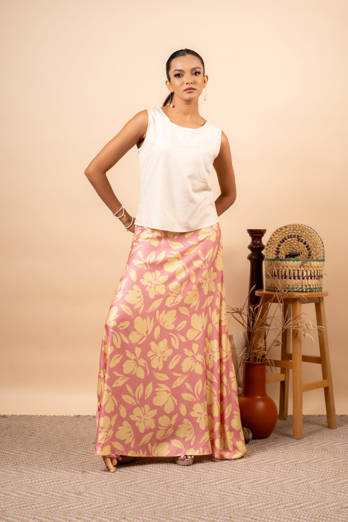BEIGE FLORAL PINK LONG SKIRT