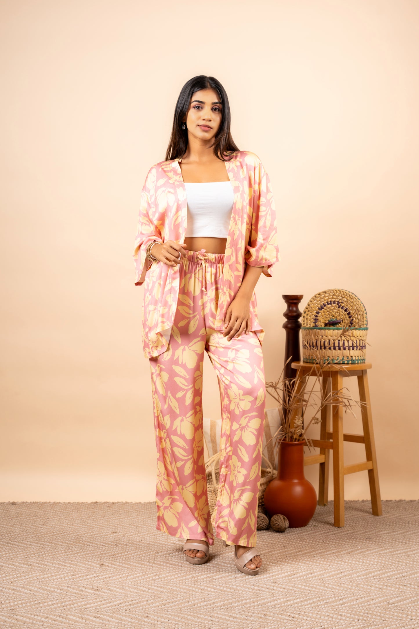 BEIGE LEAVES PINK CORD SET