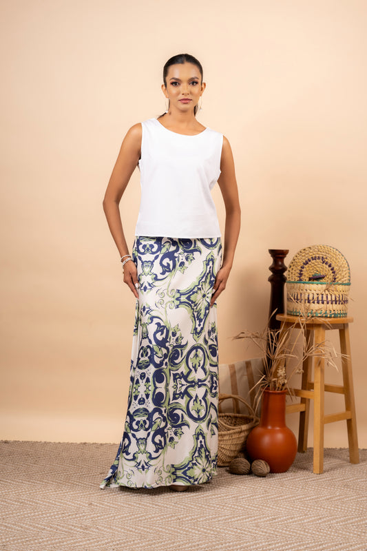 BLUE GREEN MOTIF WHITE LONG SKIRT