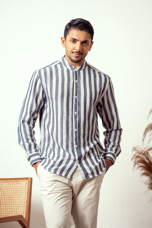 BLUE STRIPE WHITE CHINESE COLLAR LONG SLEEVE