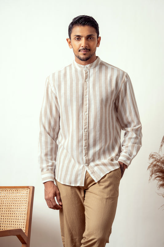 BROWN STRIPE WHITE CHINESE COLLAR LONG SLEEVE