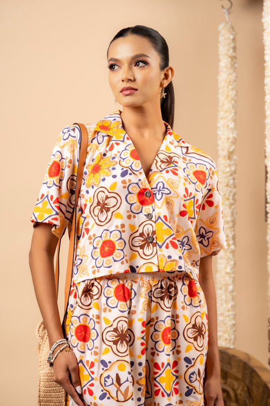 ORANGE RED MOTIF WHITE CROPTOP SET