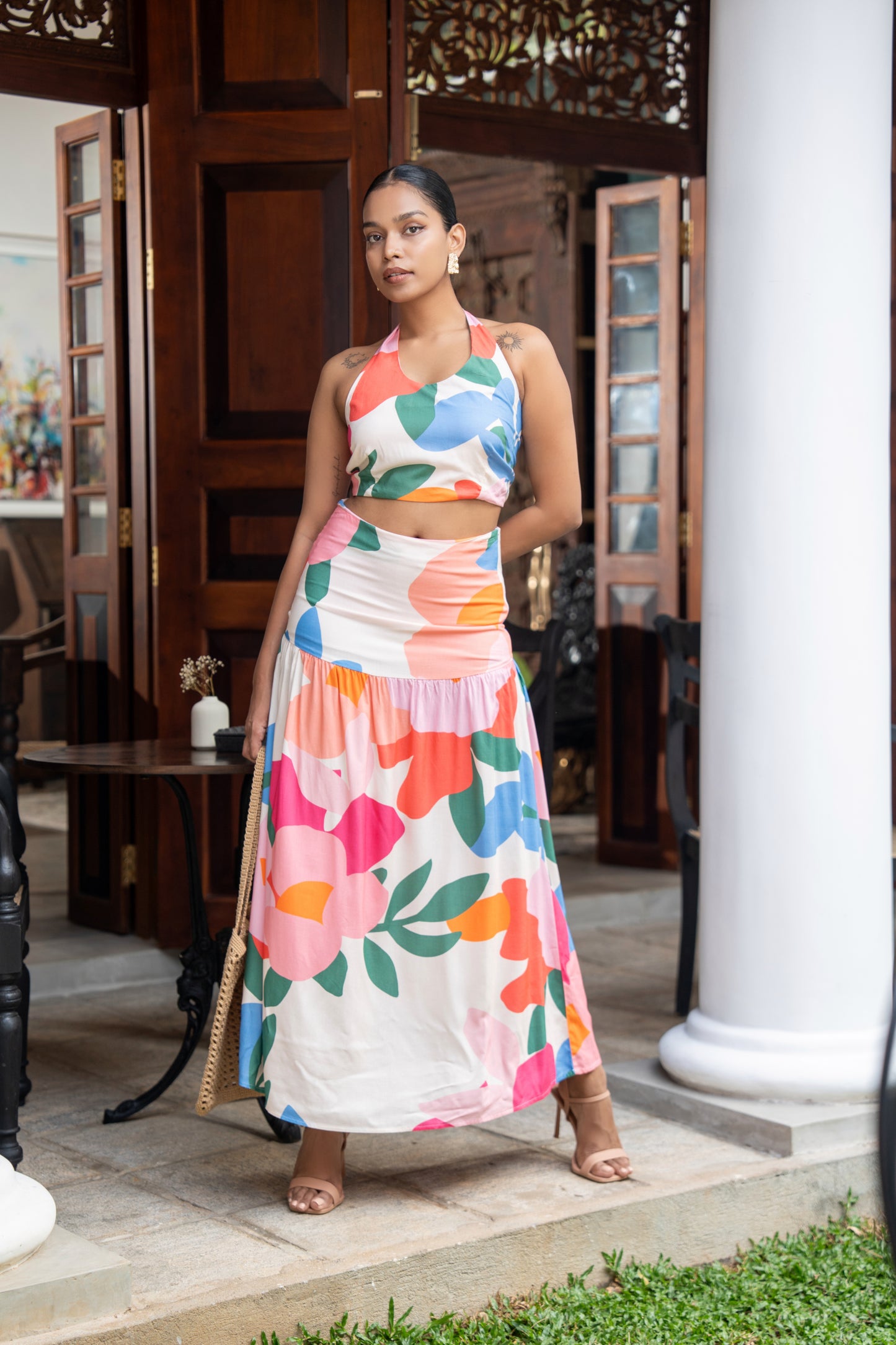 PINK ORANGE FLORAL TOP & SKIRT