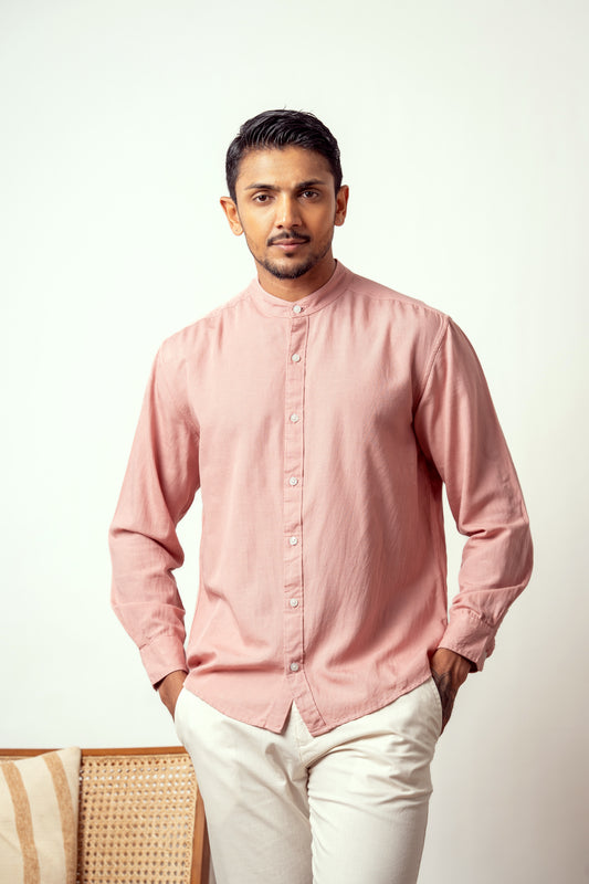 SOLID SALMON PINK CHINESE COLLAR LONG SLEEVE